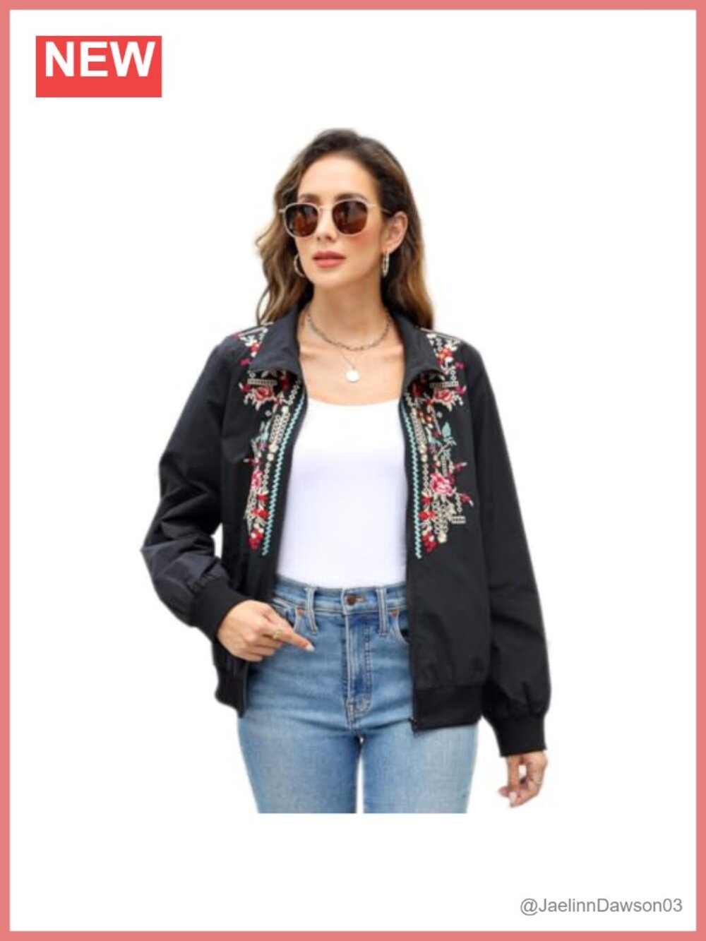 Women's Embroidered Stand Collar Zip Up Jacket Casual Running Sweatshirt